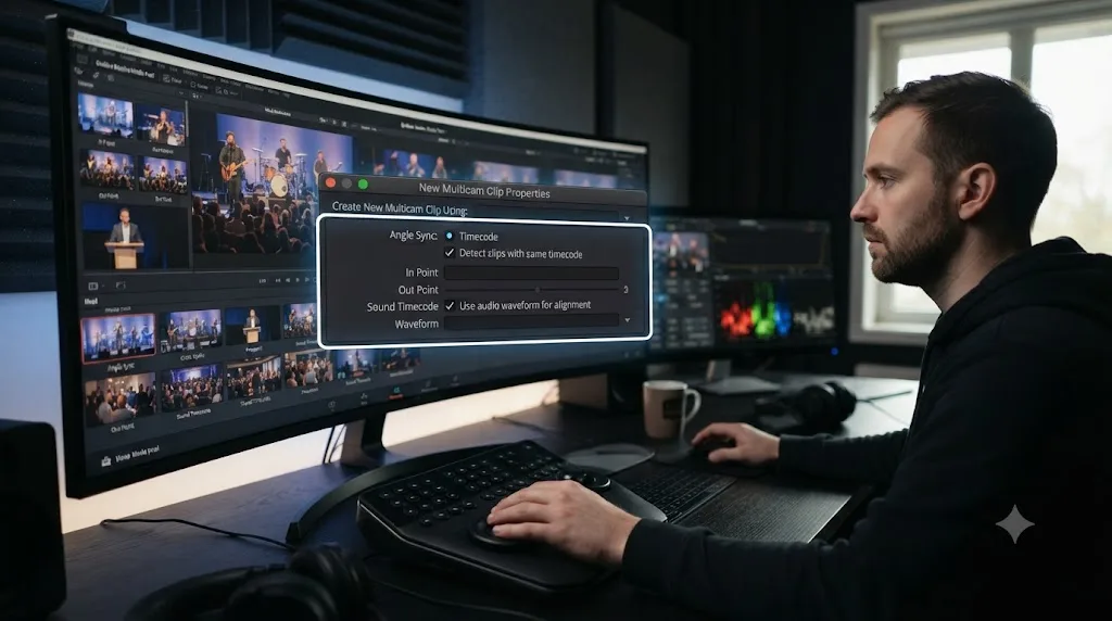 Illustration of the DaVinci Resolve multicam clip creation dialog with angle sync options for live event footage