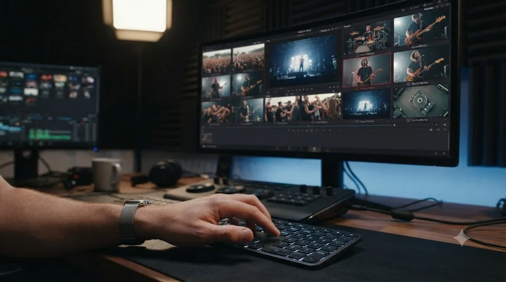 Illustration of an editor cutting a live event highlight recap using the DaVinci Resolve multicam viewer and keyboard shortcuts