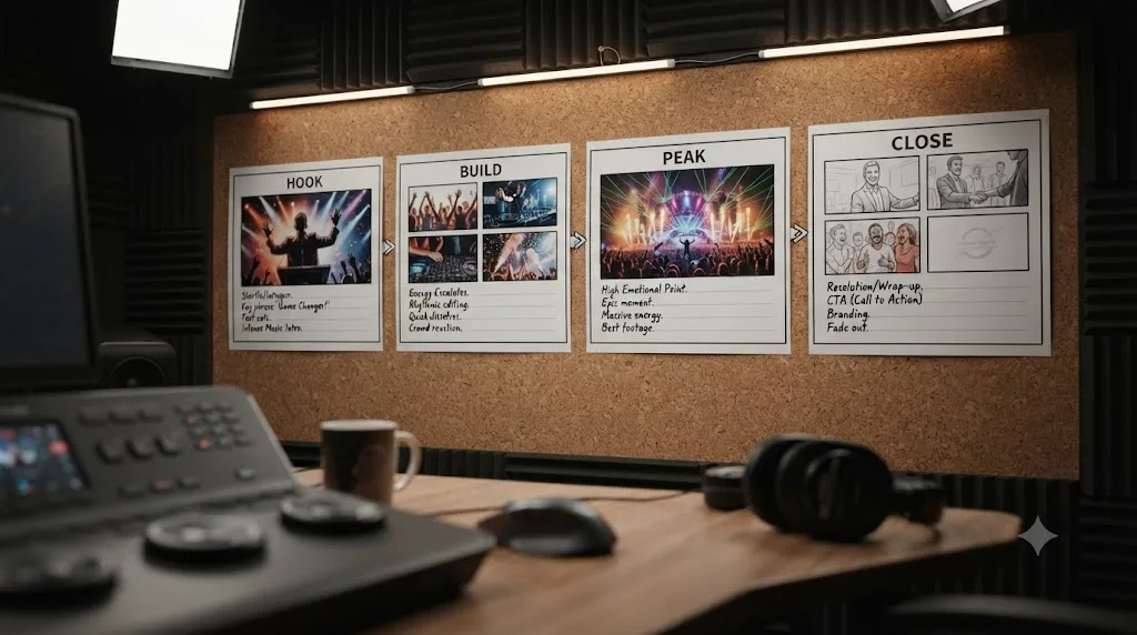 Illustration of a hook, build, peak, close storyboard structure for a live event highlight recap video