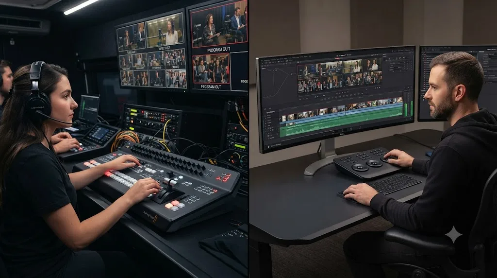 Illustration comparing a live event hardware switcher setup with a DaVinci Resolve post-production multicam timeline