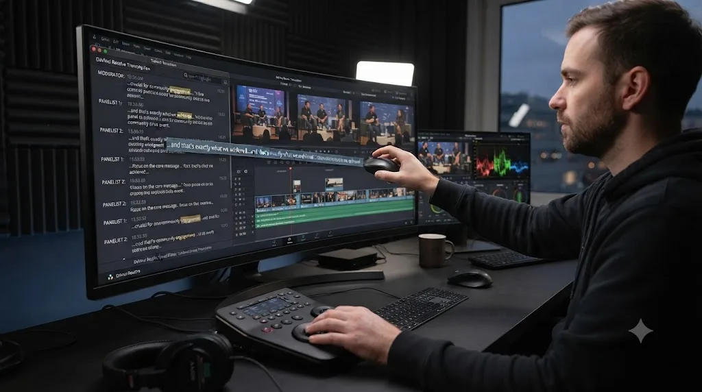 Illustration of a DaVinci Resolve transcription window being used to find highlight moments in live event footage