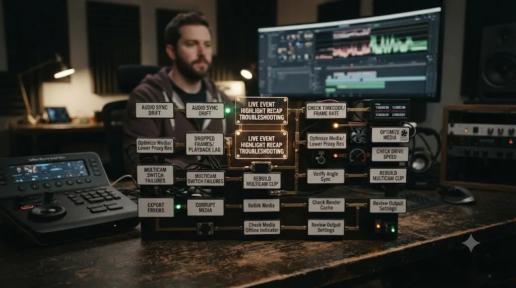 Illustration of a troubleshooting flowchart for common DaVinci Resolve live event highlight recap editing problems