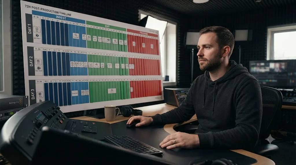 Illustration of a 72-hour live event post-production timeline from event end to final delivery