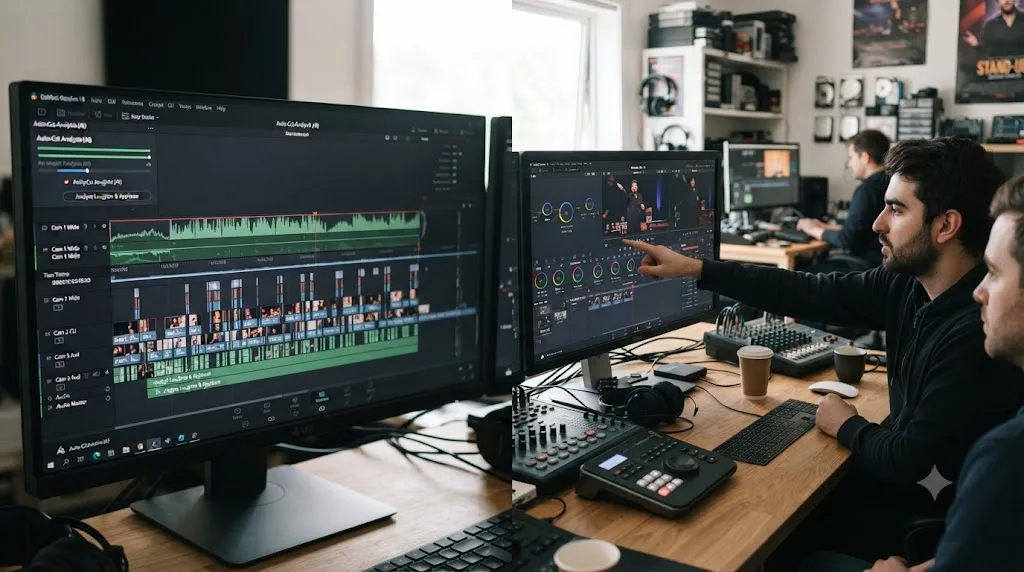 Illustration comparing an AI auto-cut tool generating a rough timeline with an assistant pointing at a control inside DaVinci Resolve