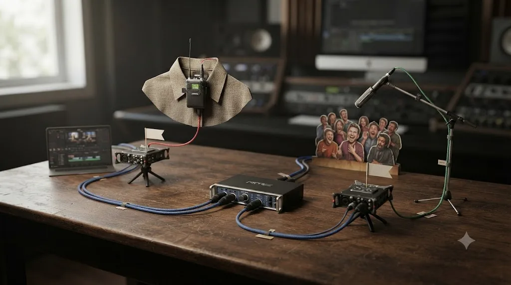 Illustration of two separate audio signal paths, one for a comedian's board feed and one for an audience shotgun microphone, feeding separate recorders