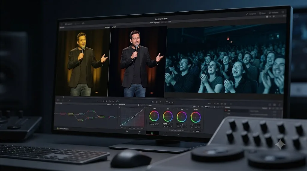 Illustration of a DaVinci Resolve color page showing a stage-lit comedian angle being graded next to a separately graded audience shot