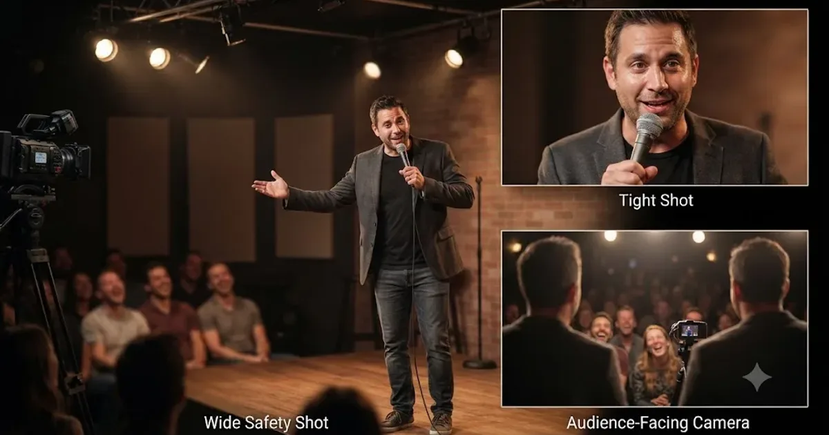 Illustration of a stand-up comedian performing on a stage while multiple camera angles sync together into one DaVinci Resolve multicam timeline
