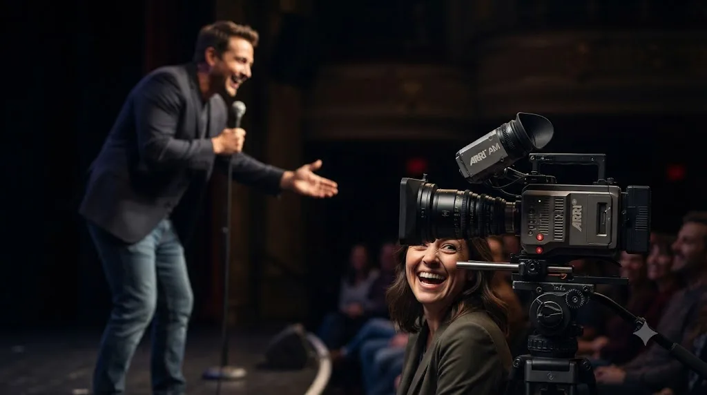 Illustration of a comedian gesturing toward an audience member during an improvised crowd work exchange, framed by a dedicated audience reaction camera