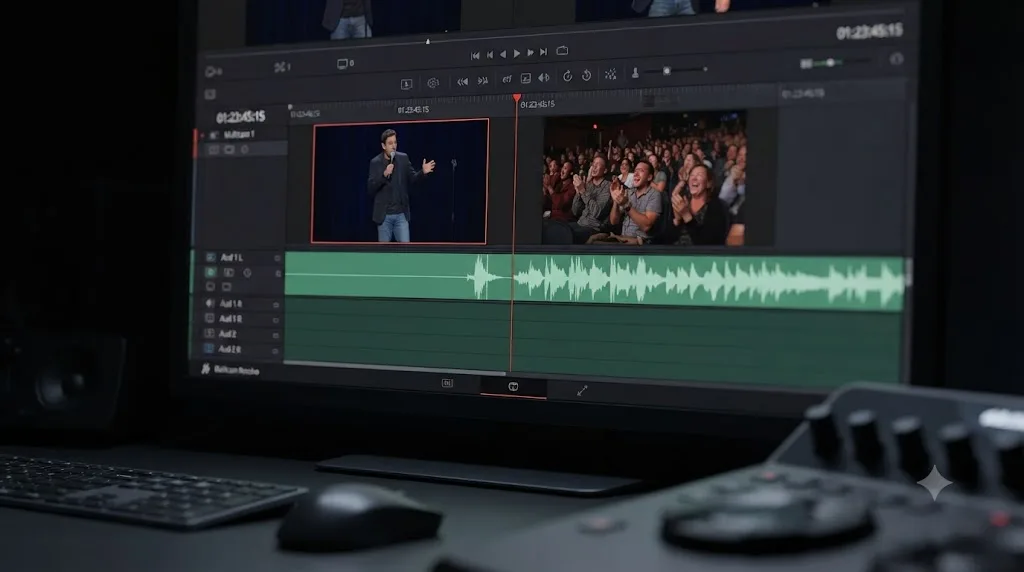 Illustration of a DaVinci Resolve timeline with edit points timed to cut from a comedian's angle to an audience reaction angle right after a punchline