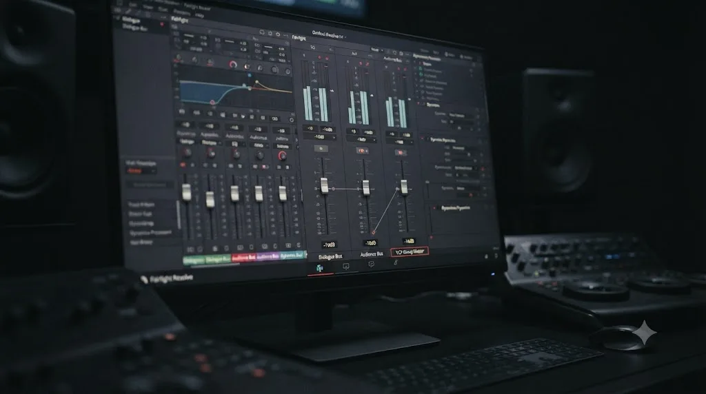 Illustration of the DaVinci Resolve Fairlight mixer showing separate dialogue and audience buses with a VCA group fader