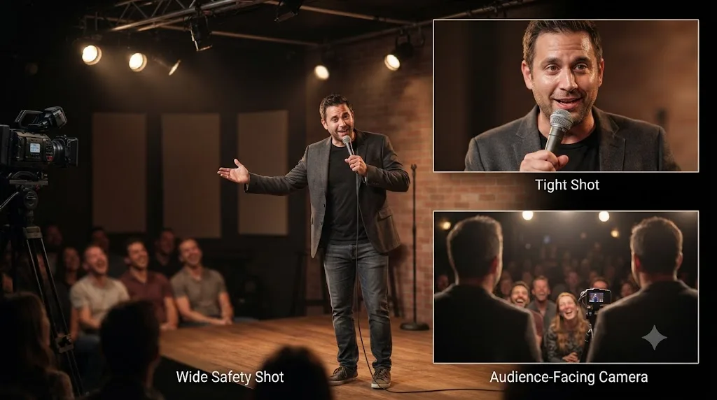 Illustration of a stand-up comedian on stage framed by three separate camera angles used for a comedy special shoot