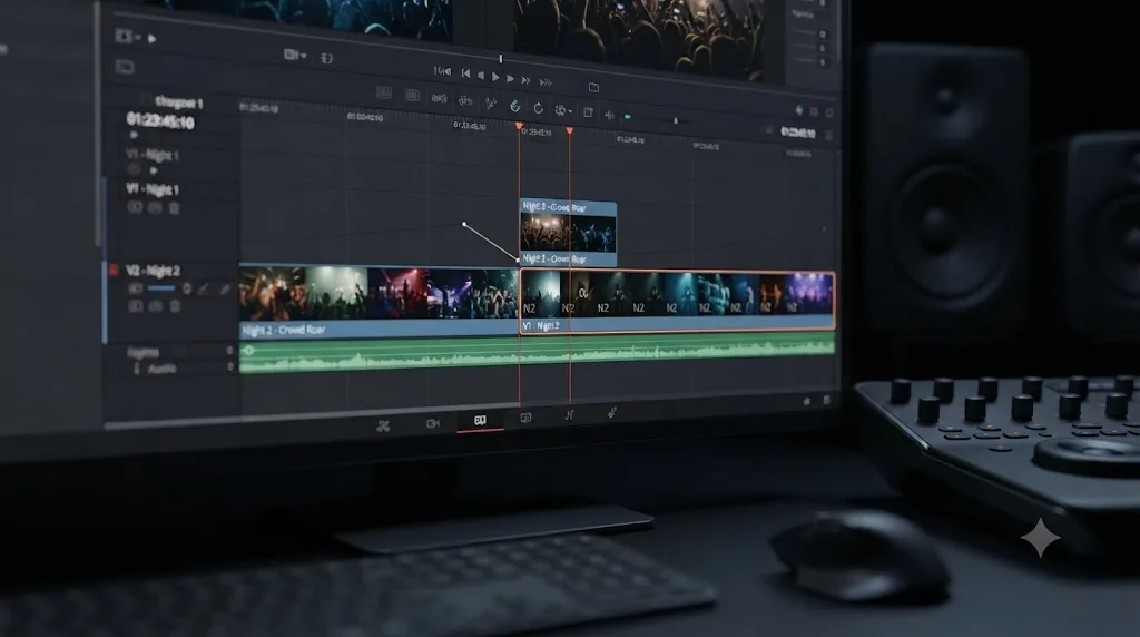 Illustration of two DaVinci Resolve timeline tracks labeled Night 1 and Night 2, with footage from one night being stitched into the other