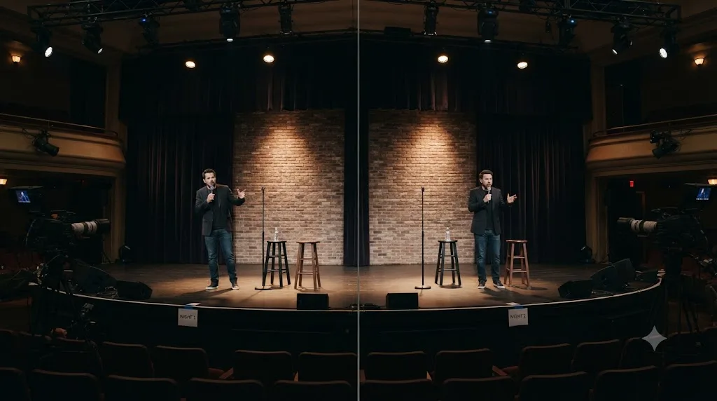 Illustration of two identical comedy stage setups shown side by side, representing a special filmed across two different nights