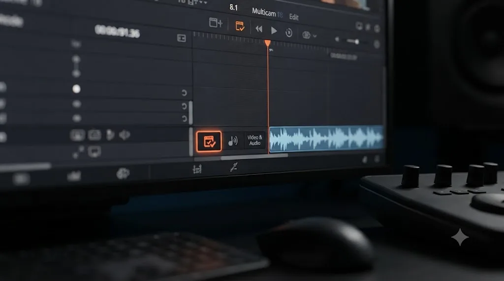 Illustration of DaVinci Resolve's multicam Video Only audio mode toggle highlighted next to a continuous dialogue waveform