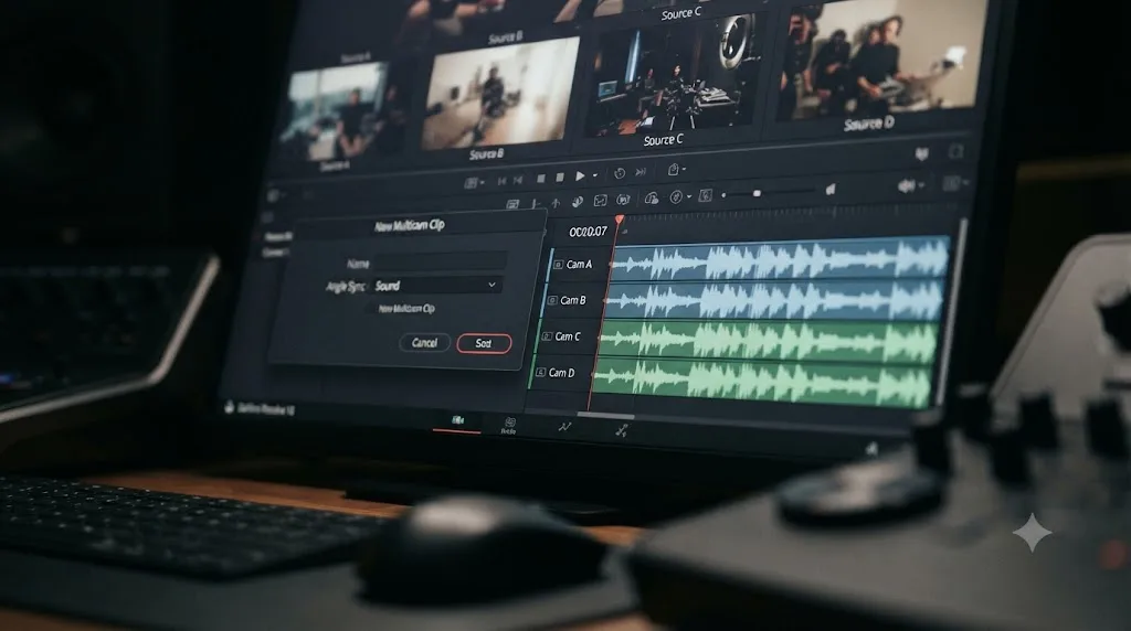 Illustration of the DaVinci Resolve multicam clip creation dialog with waveform audio tracks aligning during sync