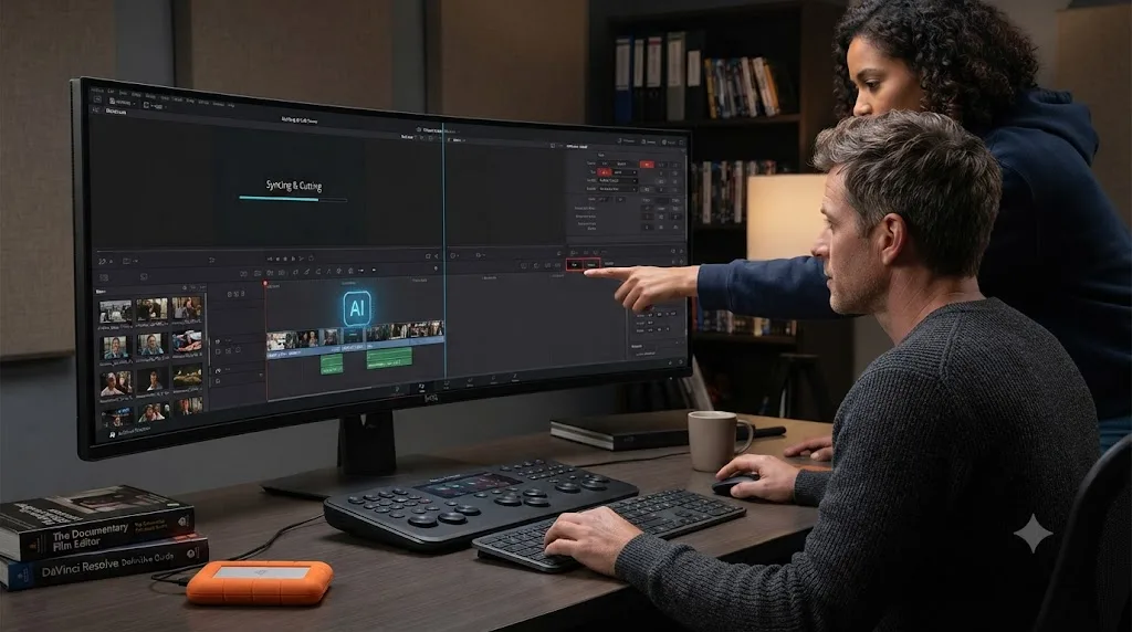 Illustration comparing an AI auto-cut tool with an assistant pointing at a DaVinci Resolve control during a true crime documentary edit