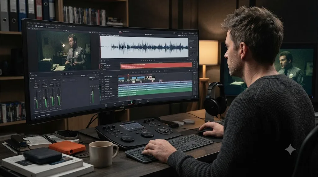 Illustration of a DaVinci Resolve subtitle track being manually reviewed against a difficult archival audio recording