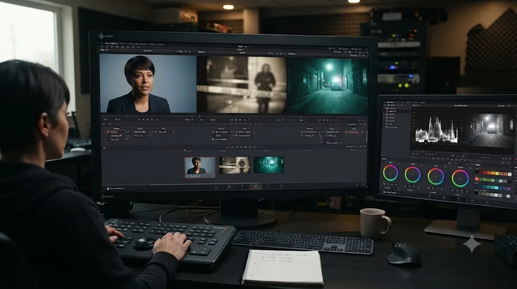 Illustration of a DaVinci Resolve color page grading interview, archival, and bodycam footage to distinct but cohesive looks