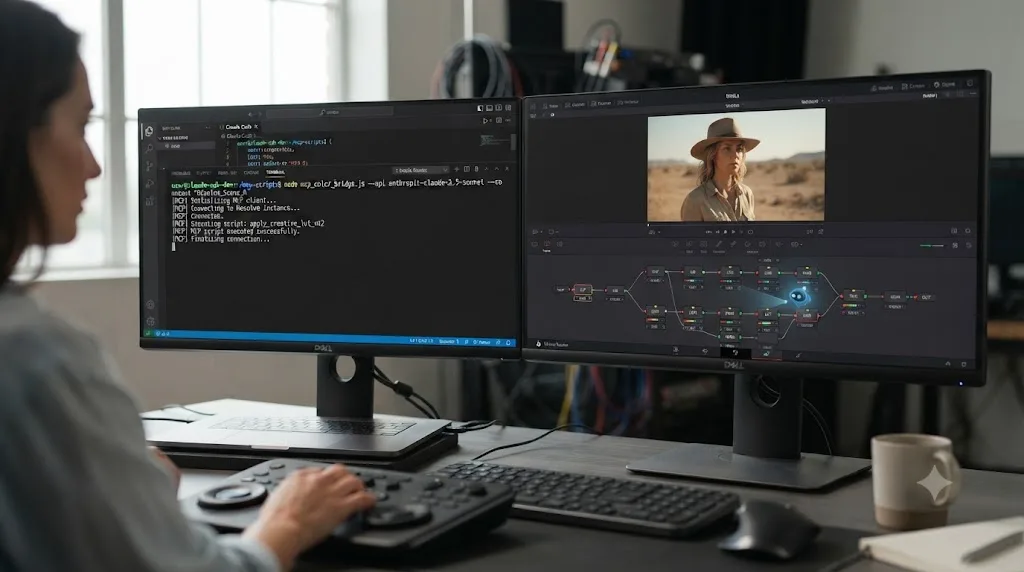 Illustration of a DaVinci Resolve timeline mixing interview footage, archival tape, and evidence photos for a true crime documentary edit