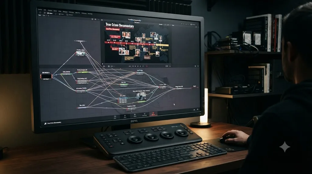Illustration of a DaVinci Resolve Fusion node graph building an animated case timeline graphic for a true crime documentary