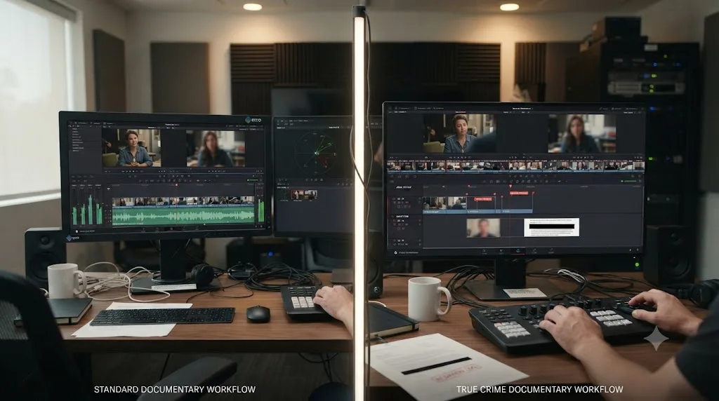 Illustration comparing a standard documentary workflow with a true crime documentary workflow that adds legal review and redaction steps