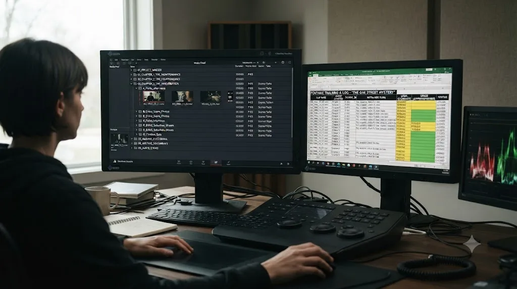 Illustration of a DaVinci Resolve media pool with nested bins by story chapter and source, next to a footage tracking spreadsheet