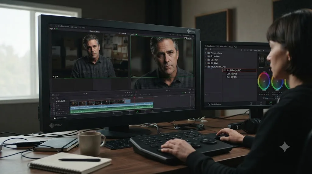Illustration of a DaVinci Resolve multicam viewer showing a true crime documentary interview subject across two camera angles