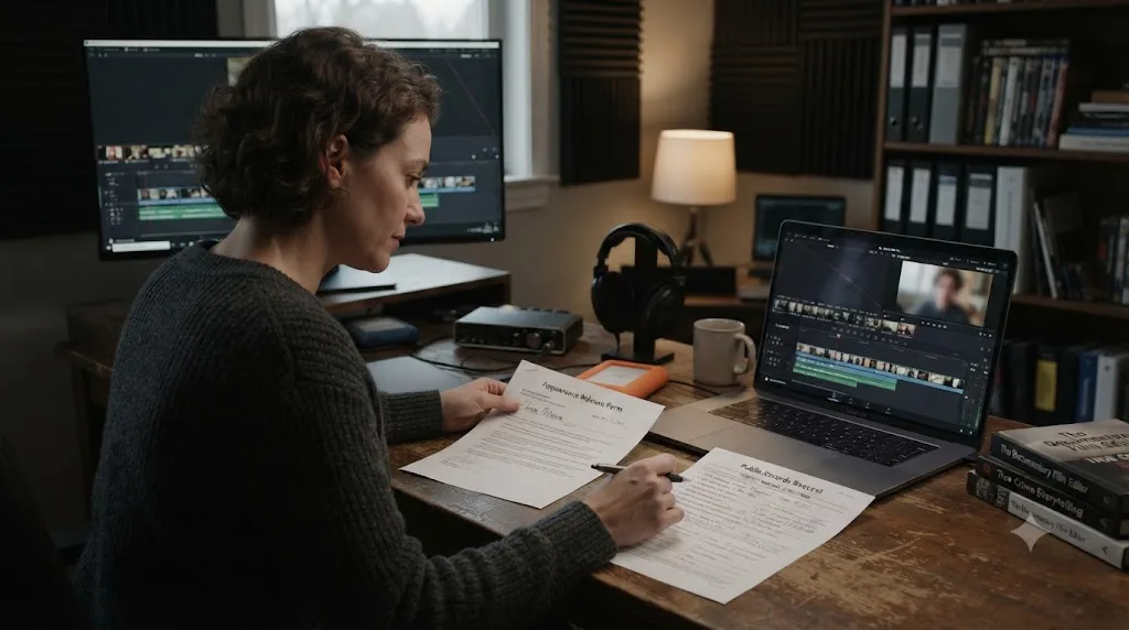 Illustration of a documentary editor reviewing a signed release form and a public records request next to a DaVinci Resolve project