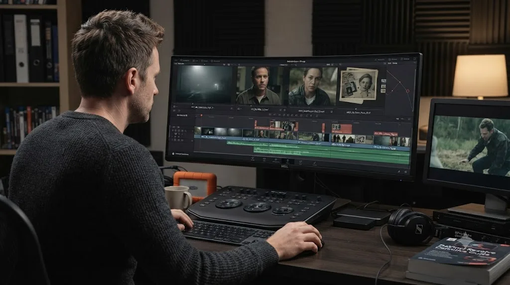 Illustration of a DaVinci Resolve timeline structured for suspense with archival, interview, and reenactment sequences out of chronological order