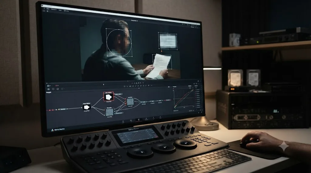 Illustration of a DaVinci Resolve node graph applying a tracked mosaic blur to a witness's face and a sensitive document