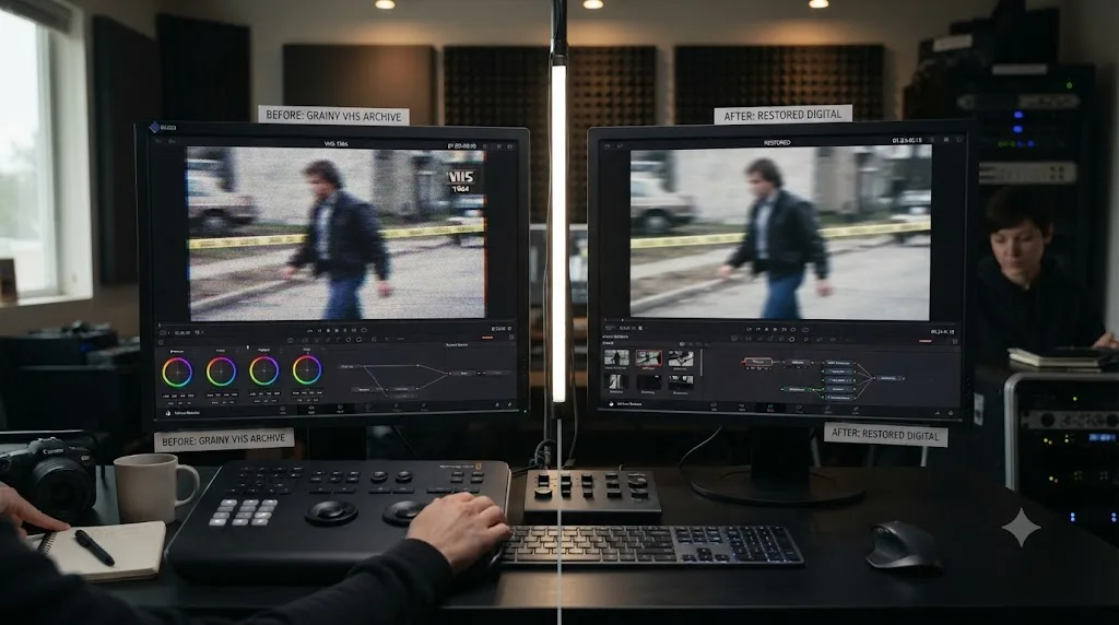 Illustration of a DaVinci Resolve before and after comparison restoring a grainy VHS archival clip for a true crime documentary