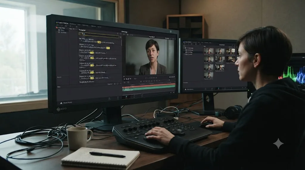 Illustration of a DaVinci Resolve transcript search panel finding a specific quote across multiple documentary interview clips