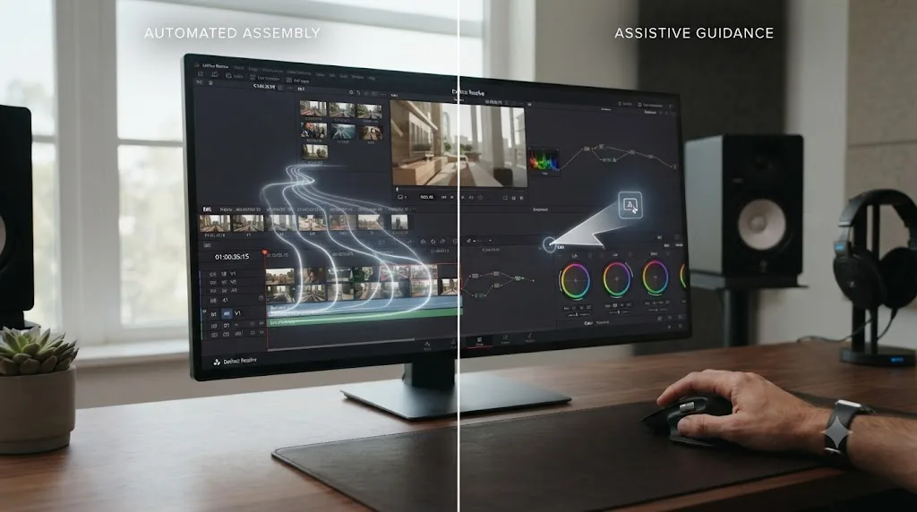 Illustration comparing an AI tool automatically assembling a timeline against an assistant pointing at a control while the editor stays in control