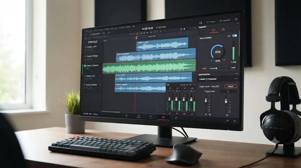 Illustration of the DaVinci Resolve Fairlight page showing a Level Matcher reference clip next to a Voice Isolation control panel