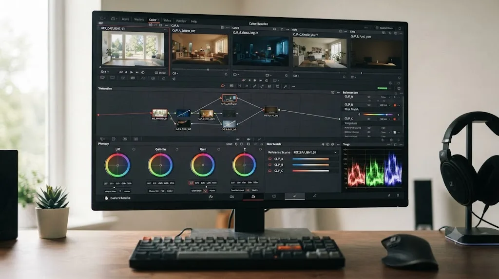 Illustration of the DaVinci Resolve Color page showing multiple mismatched clips being color matched toward one reference clip