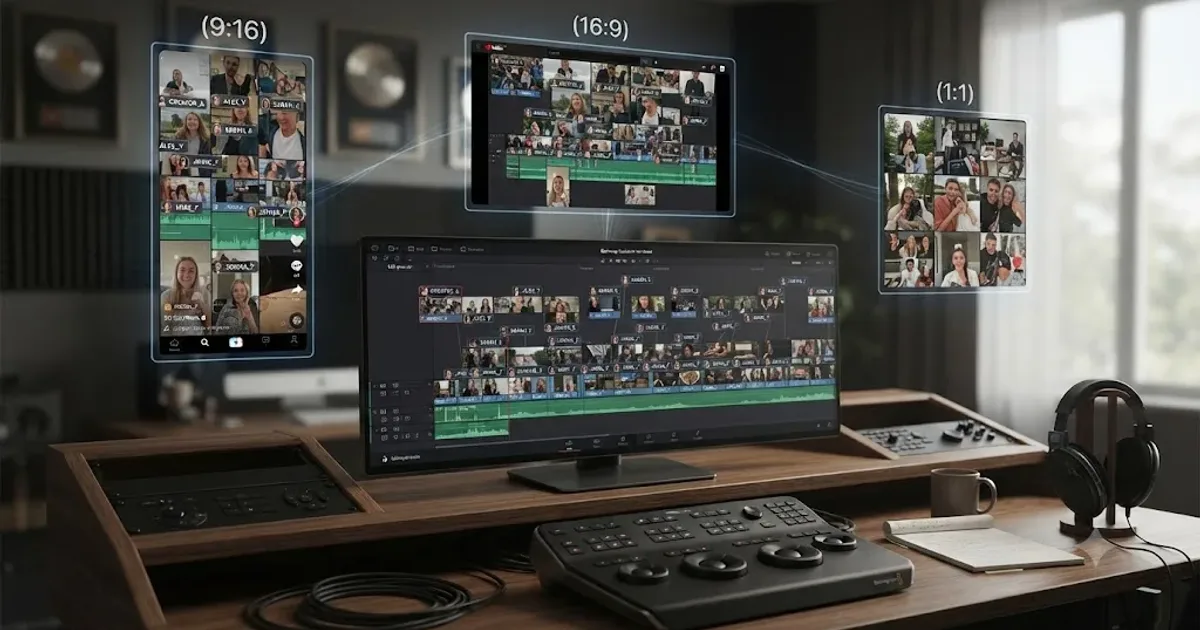 Illustration of a DaVinci Resolve timeline covered in labeled clips from many different creators, branching into vertical TikTok, Instagram, and YouTube exports