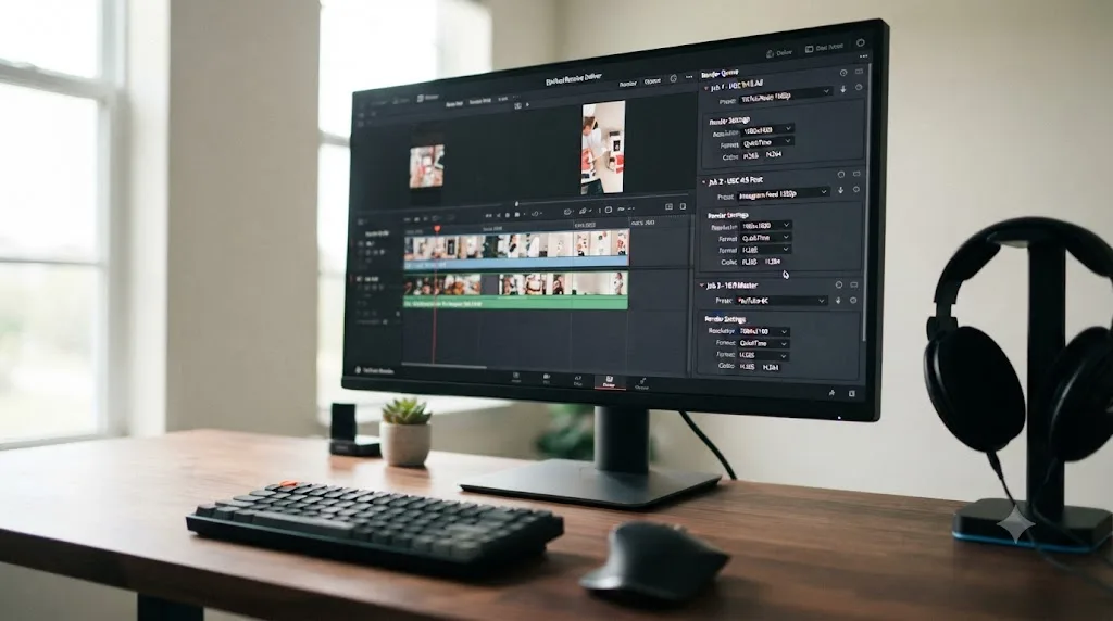 Illustration of a DaVinci Resolve Deliver page showing three stacked render queue jobs for different aspect ratios