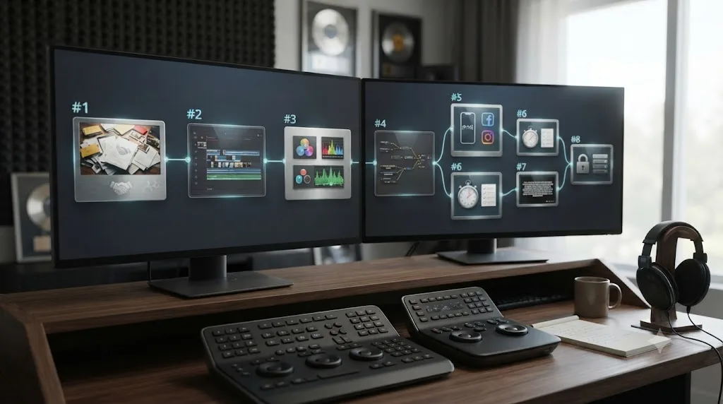 Illustration of an eight-step flowchart showing the DaVinci Resolve UGC ad workflow from intake to disclosure and whitelisting