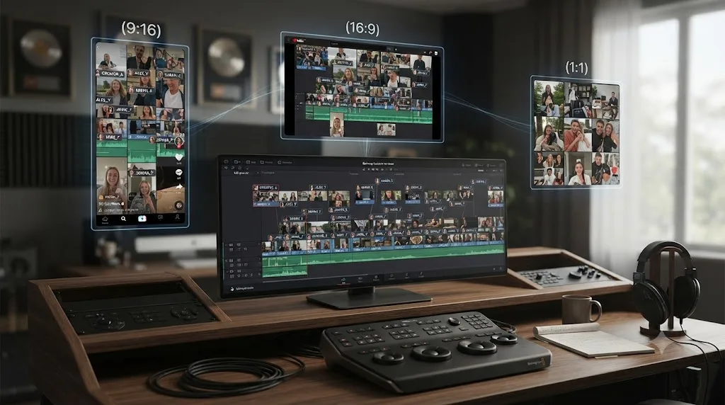 Illustration of a DaVinci Resolve timeline with clips from multiple creators branching into several platform export frames