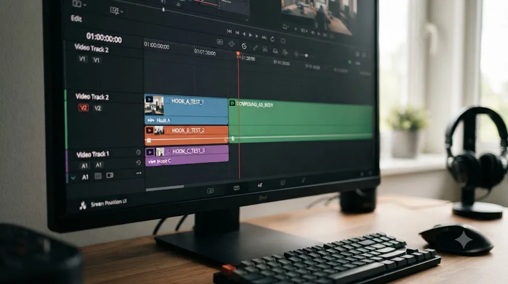 Illustration of a DaVinci Resolve timeline showing a compounded ad body with three different hook variants attached in front of it