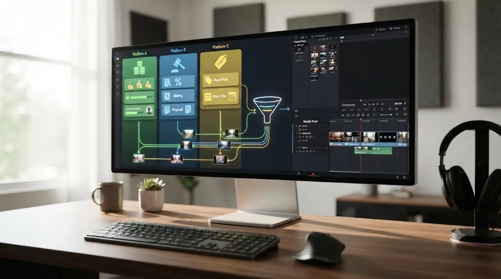 Illustration of three UGC creator marketplace platforms with different pricing feeding footage into one editing workflow