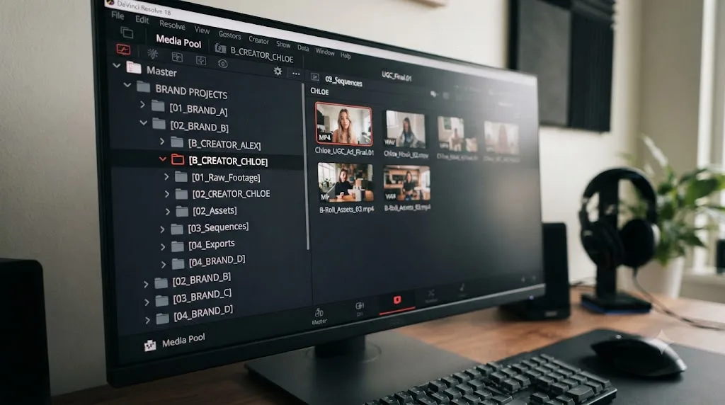 Illustration of an organized DaVinci Resolve Media Pool with bins nested by brand and then by creator