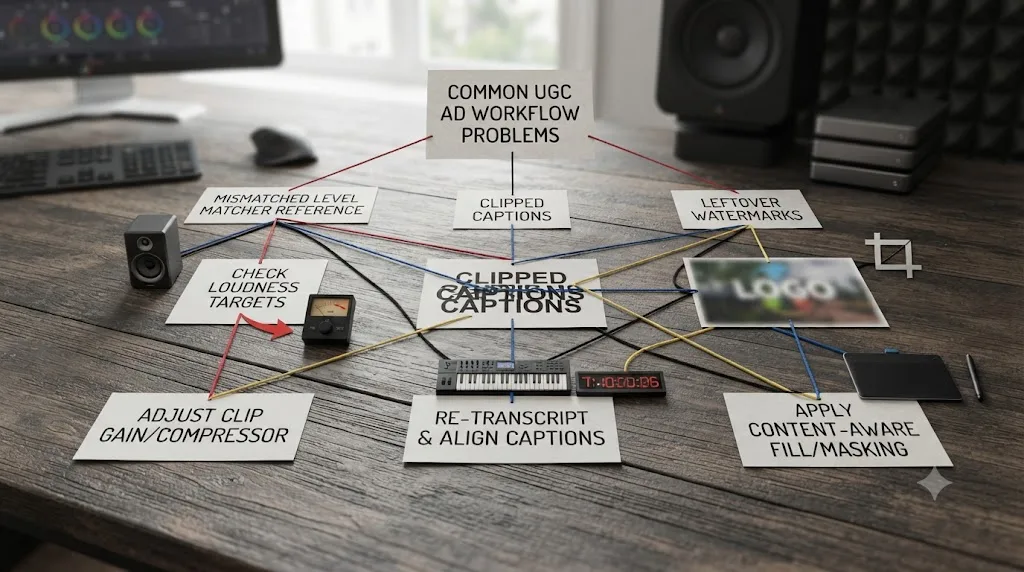Illustration of a troubleshooting flowchart showing common UGC ad workflow problems branching to their specific fixes