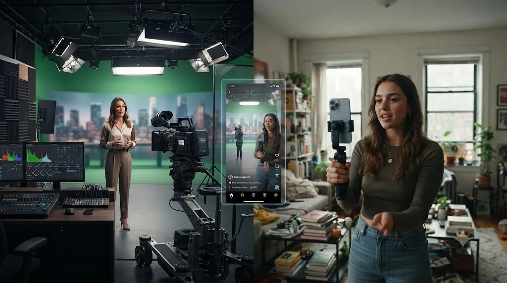 Illustration comparing a polished studio production against a raw phone-shot UGC-style video aimed at the same feed