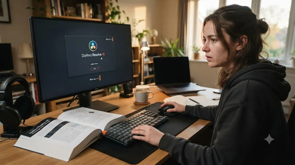 Illustration of a beginner opening DaVinci Resolve for the first time with a free training guide open beside the keyboard