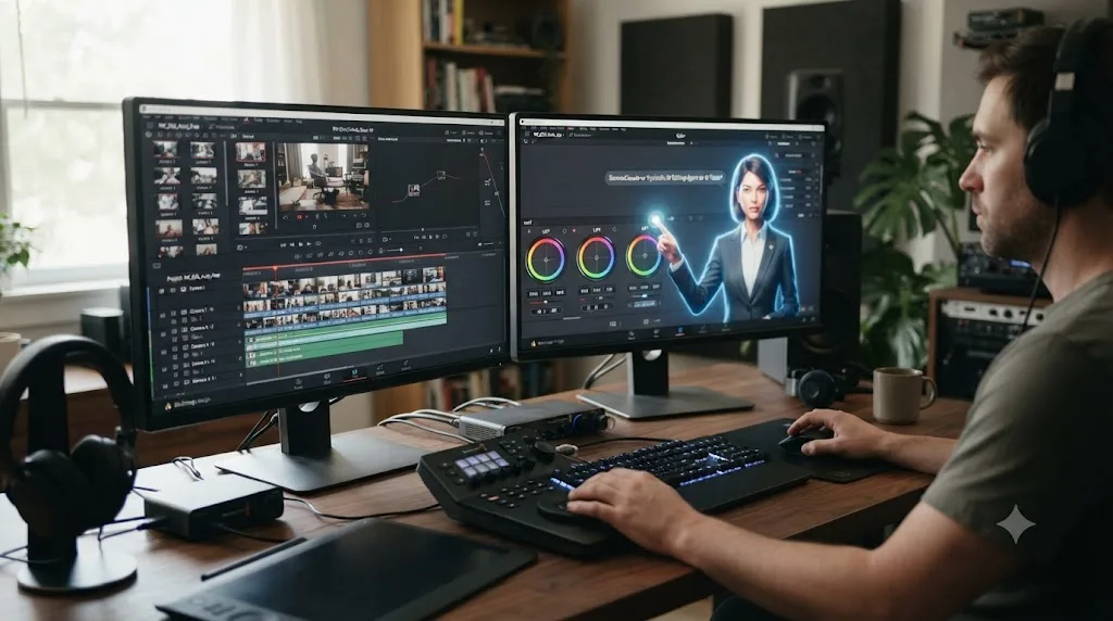Illustration of a desk setup with an automated multicam edit finishing on one monitor and an AI tutor pointing at a color control on another