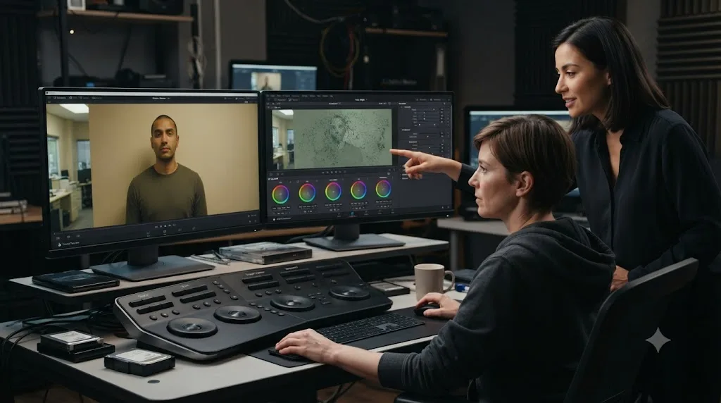 Illustration of a color qualifier tool isolating a messy selection on footage with mismatched skin tone and background, with an AI tutor pointing at the fix