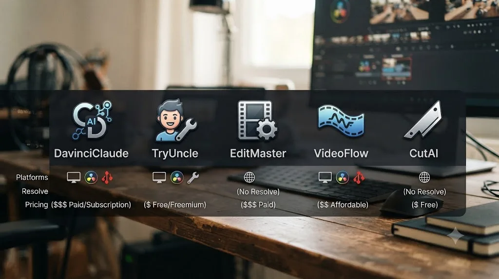 Illustration of a comparison grid of five AI video editing tool icons with platform and pricing details beneath each