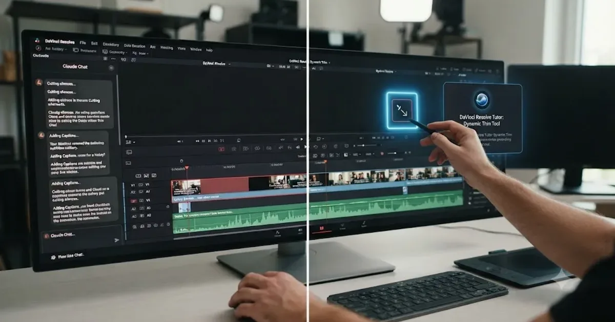 Illustration of a split scene showing a Claude chat panel editing a DaVinci Resolve timeline on one side and an AI tutor pointing at a control on the other