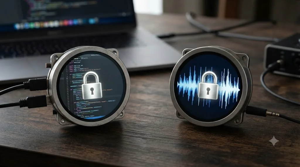 Illustration of a lock icon over a screen icon next to a lock icon over an audio waveform, representing two different data handling approaches